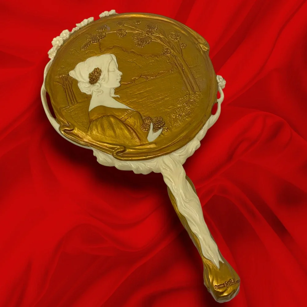 Art Nouveau Style Lady Hand Mirror Resin Vanity Mirror Gold Ivory Vintage 2004